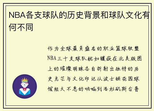 NBA各支球队的历史背景和球队文化有何不同